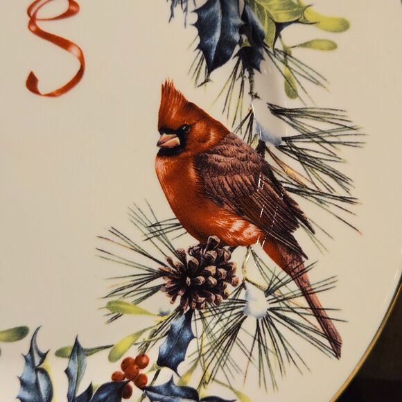 Set 6 Lenox Winter Greetings Cardinal + Ribbon 8" Salad Plates Gold Rim Holly - Picture 5 of 9